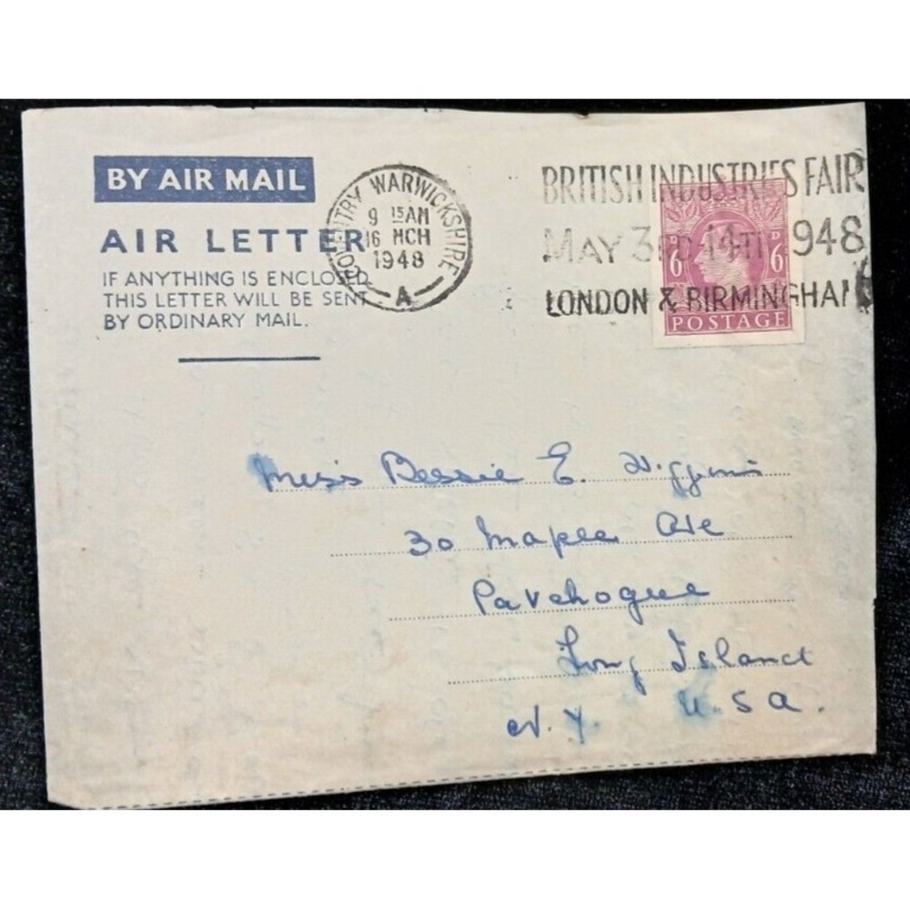 1948 Fancy British Industries Fair London Warwickshire Vintage Envelope Stamped